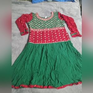 #67)Indian Anarkali Dress/Red & Green Color Blocks/Long Sleeve/Indian Size 44